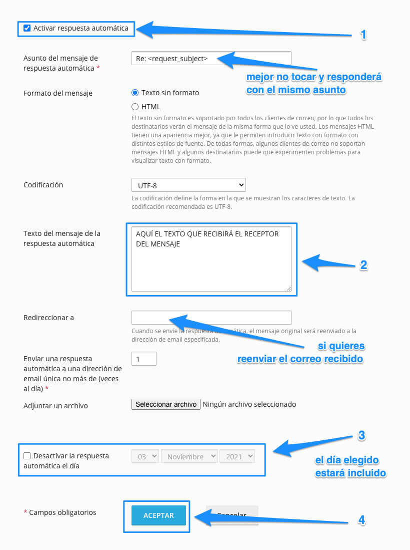Formulario de respuesta automática: 1, activar; 2, texto del mensaje; 3, fecha de desactivación (el día elegido está incluido); 4, aceptar